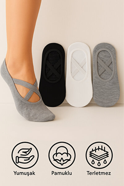 stellare Kadın 3 Çift Kaymaz Tabanlı Pilates Yoga Dans Bale Plates Kaydırmaz Çorap - Standart Beden