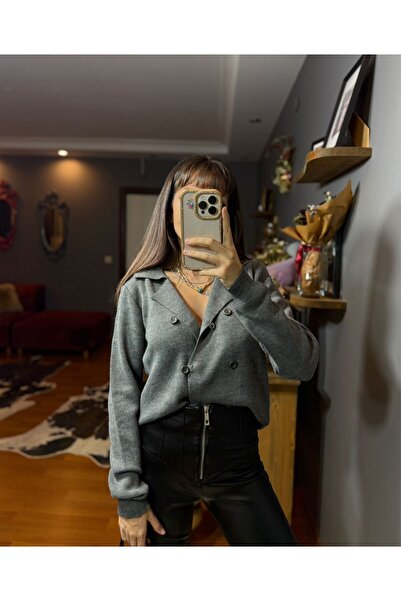 MODAGK Kadın Düğme ve Yaka Detaylı Triko Bluz/Ceket