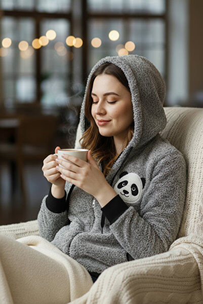 modacix Peluş Sweatshirt Panda Figürlü Kapşonlu Fermuarlı Sweatshirt