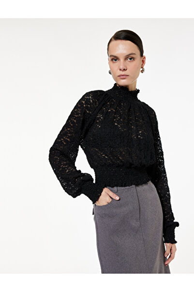 Koton Slim Fit Gipeli Long Balloon Sleeve Stand Collar Crop Lace Blouse