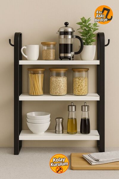 Bambus Home Mutfak Tezgah Üstü Ahşap Organizer 3 Raflı Beyaz Banyo Mutfak Düzenleyici