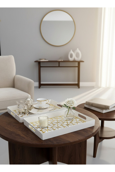 Living طقم صينية تقديم مكون من قطعتين باللون الأبيض