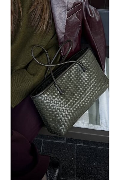DMG Collection Knitted Detailed Women's Btgg Retro Hand and Shoulder Bag Khaki
