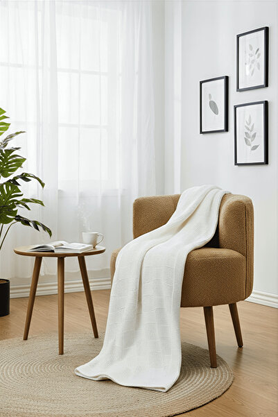 NEŞELİ HOME بطانية محبوكة ناعمة مقاس 130×170 سم لون كريمي |   بطانية تلفزيون ...