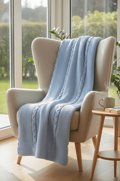 NEŞELİ HOME Soft Knitted Blanket Knitted 130X170 cm Blue |   Single Person Tv...