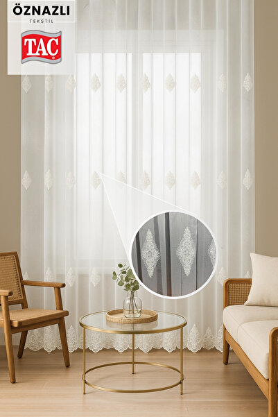 Taç Luxury Classic Tulle Curtain – 3 Rows of Embroidery, Skirt Embroidery, Frequent Pleats Elegant Design