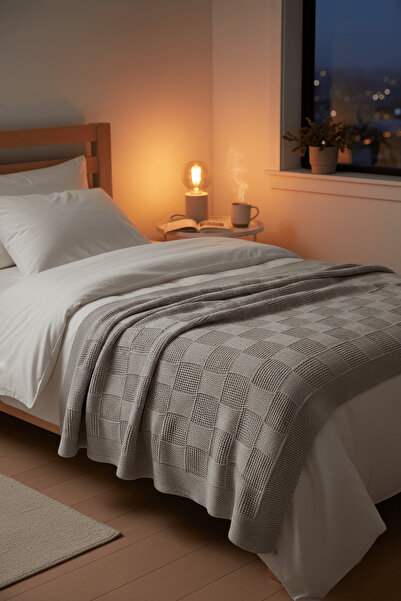 NEŞELİ HOME Yumuşak Örgü Battaniye Karo 130x170 cm Vizon | Tek Kişilik TV Bat...