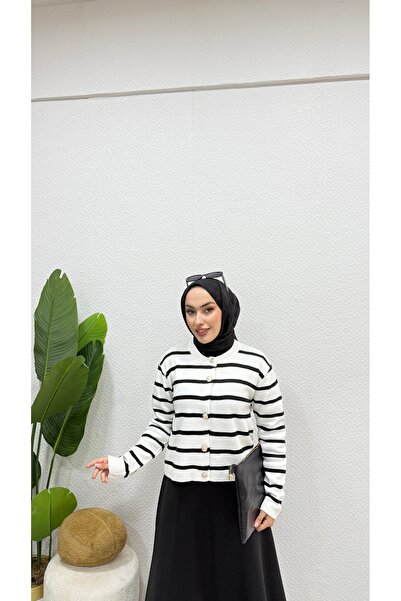 modasusev Striped Knitwear Hijab Cardigan - Button Detailed