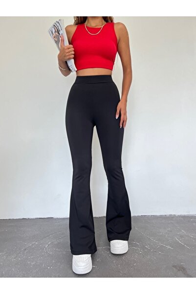 CNRCollection Kadın Siyah Dalgıç Kumaş Toparlayıcı Likralı İç Göstermez Yüksek Bel İspanyol Paça Tayt Pantolon