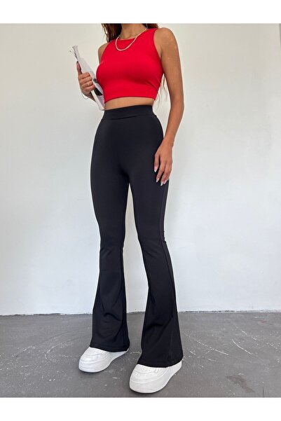 CNRCollection Kadın Siyah Dalgıç Kumaş Toparlayıcı Likralı İç Göstermez Yüksek Bel İspanyol Paça Tayt Pantolon