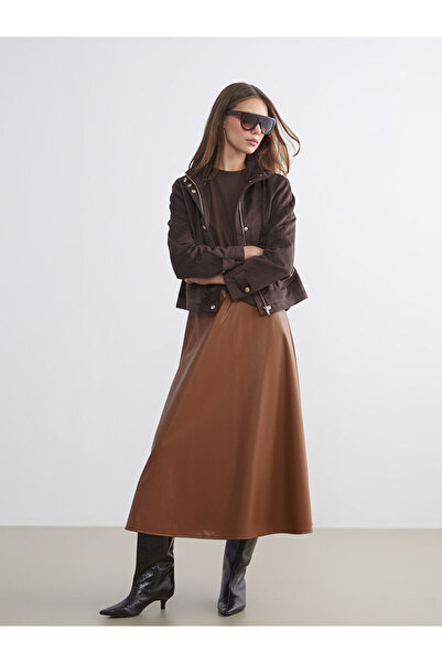 LC Waikiki Peak New Season Elastic Waist Leather Look Flared Skirt