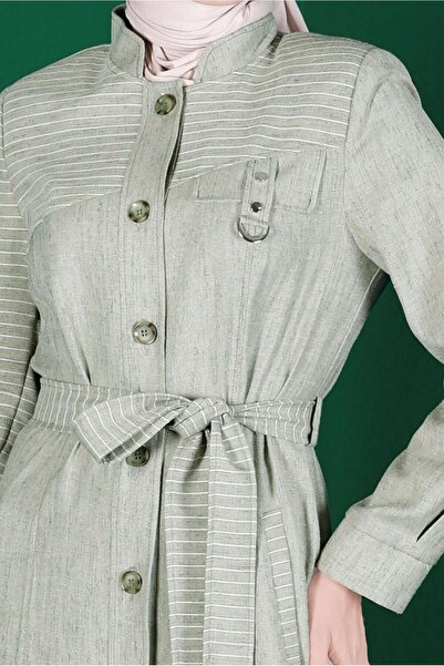 Alvina Striped Buttoned Belted Overcoat 10589