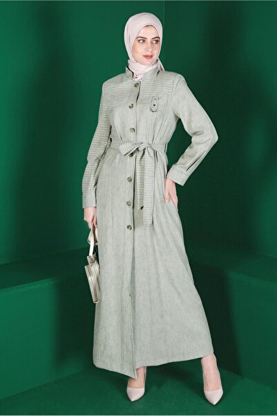 Alvina Striped Buttoned Belted Overcoat 10589