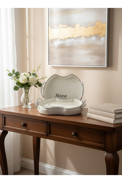 Living مجموعة من صواني تقديم بيضاوية مكونة من قطعتين بتصميم متموج متطور، سكر/فضي