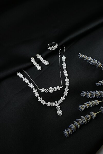 Luceven 925 Ayar Gümüş Baget Kesim Zarif 4'lü Set Kolye, Bileklik, Yüzük, Küpe