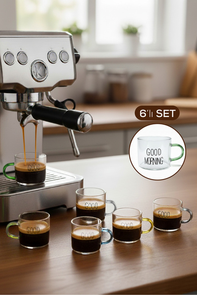 Vienev Set of 6 Glass Espresso Cups with Colorful Handles and Good Morning Written on Them - 95 ml