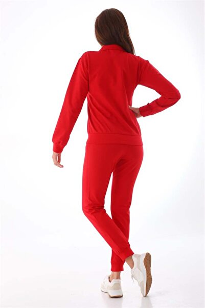 Piyera Kadın Kırmızı İki İplik Fermuar Yakalı Sweat Uzun Kol Eşofman Takım - 7648