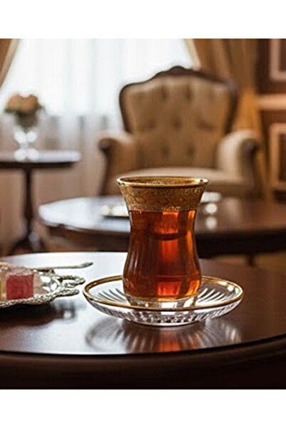 DECOSTYLE Ajda Paşabahçe Decorated Gold Gilded Super Patterned Glass Plate 12 Piece Tea Set