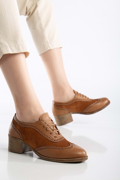 ANALİN SHOES حذاء أكسفورد نسائي بكعب من الجلد الطبيعي - أسمر ضارب للصفرة