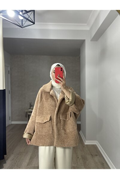 byalisdmr Tüylü Peluş Çıtçıtlı Çift Cepli Kürk Kaban -Camel