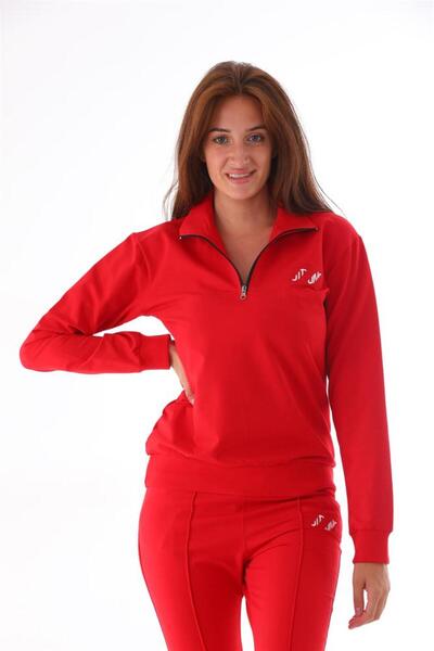 Piyera Kadın Kırmızı İki İplik Fermuar Yakalı Sweat Uzun Kol Eşofman Takım - 7648