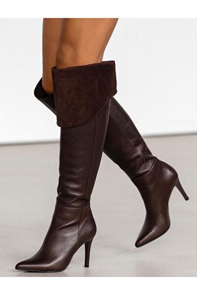 KARVENSHOES Kadın Hakiki Kahverengi Diz Üstü Stiletto Çizme 576