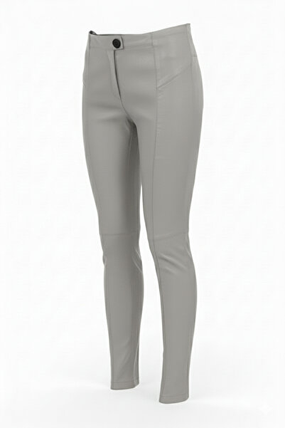 Deriderim Gri Kadın Tayt Astarsız Önden Fermuarlı Düğmeli Cepsiz Dar Paça Hakiki Streç Deri Pantolon