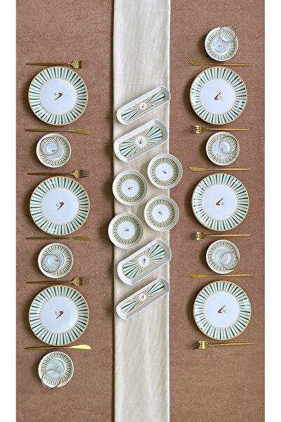 Erbaşlar Sevda Kuşu Yeşil Yuvarlak 20 Parça 6 Kişilik Lüx Kahvaltı Takımı Seti