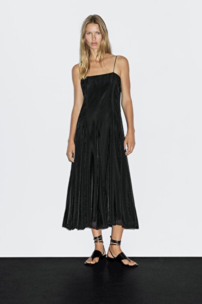 Massimo Dutti Keçi detaylı dökümlü midi elbise