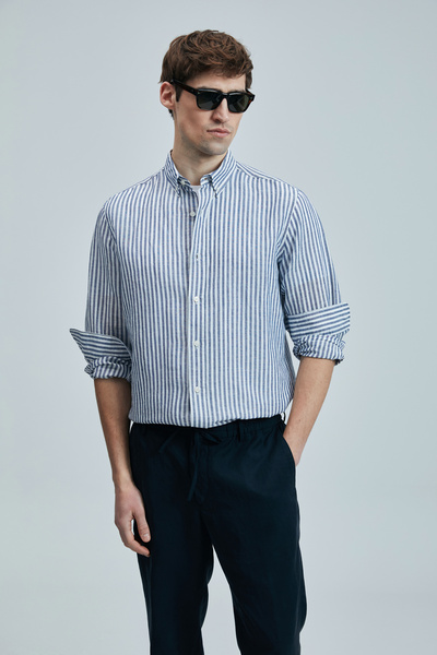 Lufian Bert Erkek Keten Pamuklu Gömlek Regular Fit Lacivert