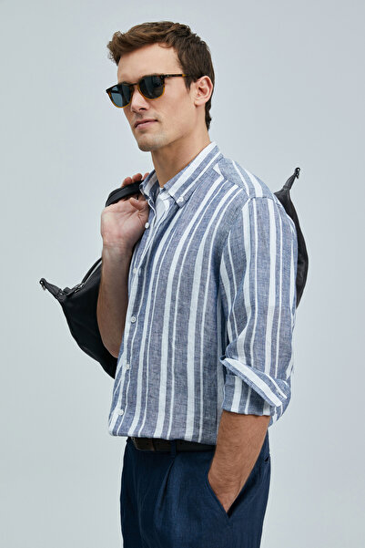 Lufian Ανδρικό λινό πουκάμισο Conroy Regular Fit Navy Blue