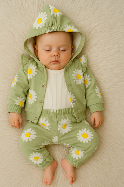 Linda Harris Daisy Pattern Açık Yeşil Kapüşonlu Bodyli 3’lü Yenidoğan Bebek T...