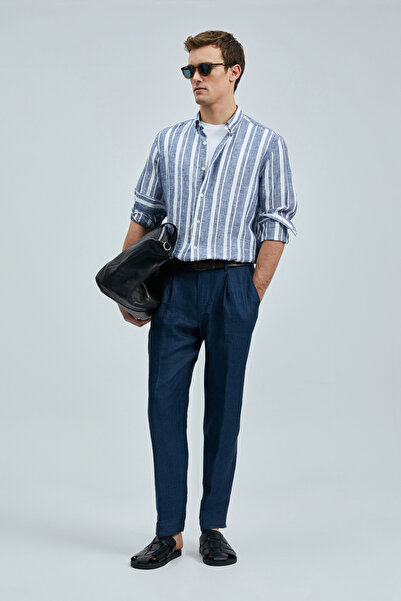 Lufian Ανδρικό λινό πουκάμισο Conroy Regular Fit Navy Blue