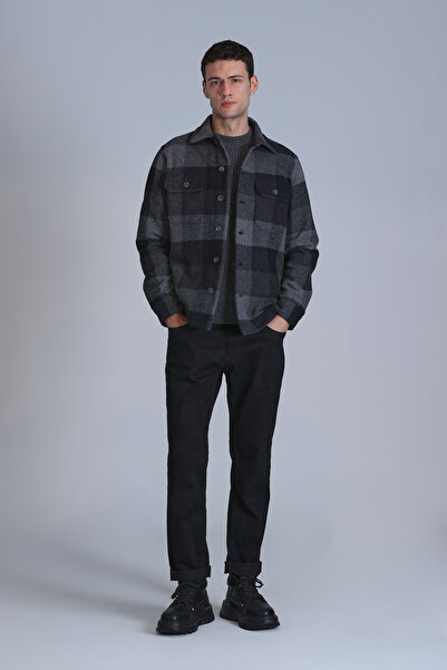 Lufian Μαύρο Slim Fit Basic Ανδρικό πουκάμισο - Σπασμένο