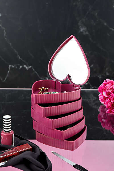 Poomy 5 Katlı Aynalı Kalp 360 Derece Dönebilen Takı Organizer Kutusu