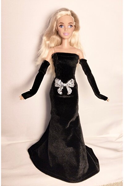 MIA WARDROBE OYUNCAK BEBEKLER İÇİN BEYAZ KÜRKLÜ SİYAH KADİFE ELDİVENLİ ELBİSE