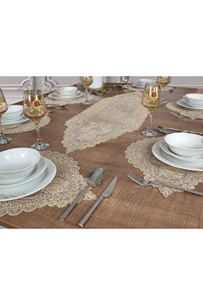 Tropikhome Amerikan Servis Supla Ve Runner Seti 6 Kişilik Set Bej 7 Parça