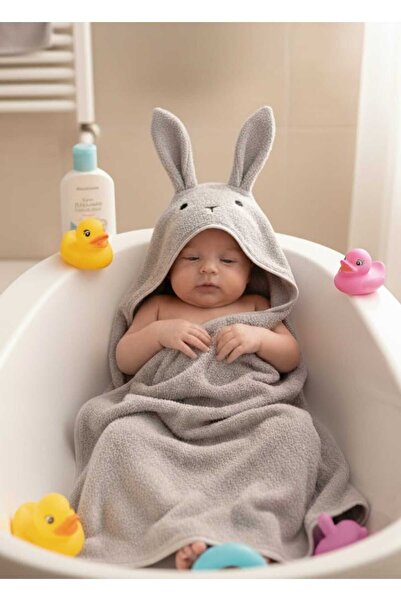 Alpar Tekstil منشفة حمام للأطفال الأولاد والبنات مصنوعة من القطن بنسبة 100% - ناعمة، رمادي/أرنب