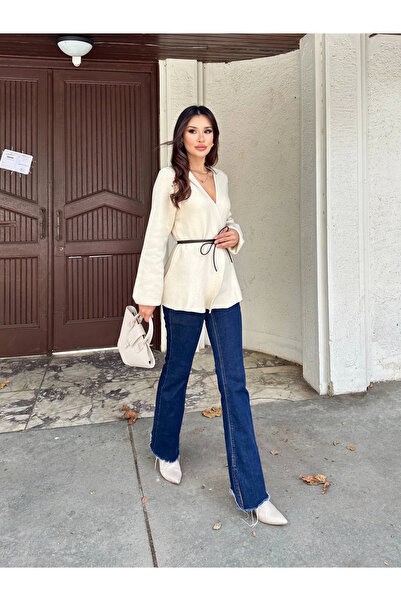 Lusin Women's Cream Leather Rope Detail Knit Cardigan