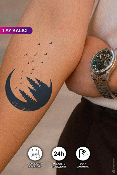 BP Tattoo 1 Ay Kalıcı Ay Ağaç ve Kuş Dövmesi Geçic Dövme Tattoo
