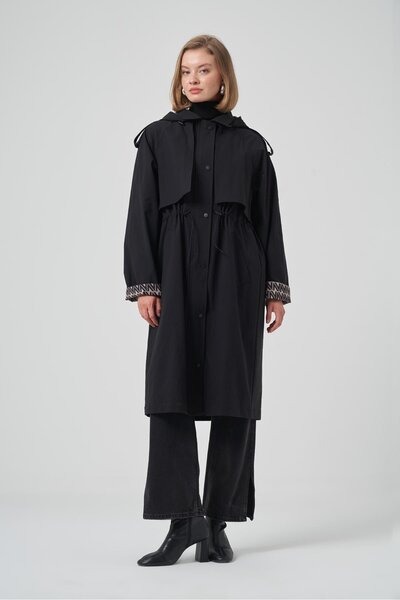 Nuss Hood and Lining Detail Cap Trench Coat Jacket 6033 Black