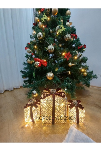 kordelya design YILBAŞI AĞACI ALTI LED IŞIKLI HEDİYE KUTUSU 3 ADET BÜYÜK BOY 22X22X22 CM KÜÇÜK BOYLAR 12X12X12 CM