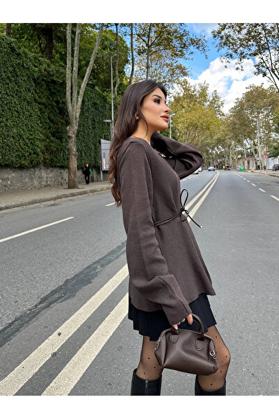 Lusin Дамски кафяв кожен плетен кардиган с връзки