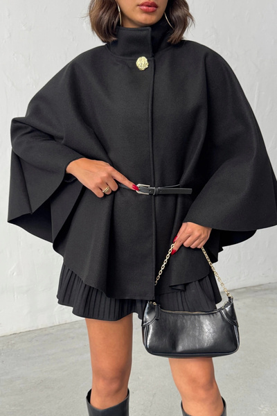 Lusin Дамско кашмирено пончо с черни златни копчета и колан