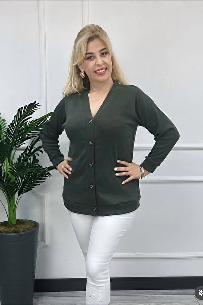 Bİ.GİYSEN Women's Khaki Green Buttoned Huviz Fabric Lycra Thin Titiko Cardigan