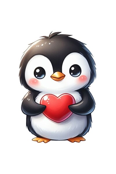 OEM Autocolant cu un pui de pinguin care ține o inimă, bordură albă, vinil PV...