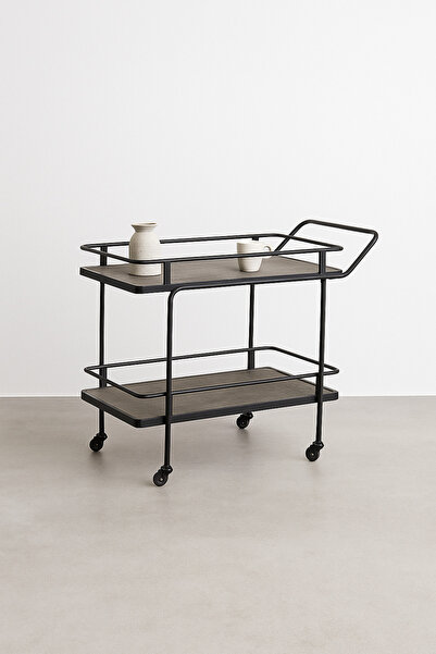 MARIA HOMES Industrial Gray Metal Serving Trolley with Wheels – 2-Tier Bar Cart 83×40×80 cm