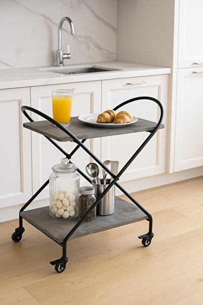 MARIA HOMES عربة تقديم معدنية رمادية حديثة - عربة بار صناعية ذات مستويين بعجلات 72×40×78 سم