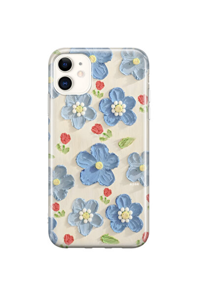 FLAMENKO iPhone 11 Uyumlu Mavi Yağlı Boya Çiçek Desenli Şeffaf Telefon Kılıfı