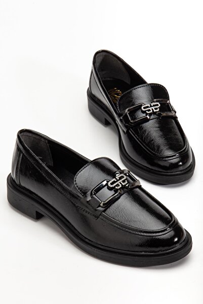 Dilimler Ayakkabı Black Women's Loafer Casual Shoes Wrinkled Patent Leather with Buckle